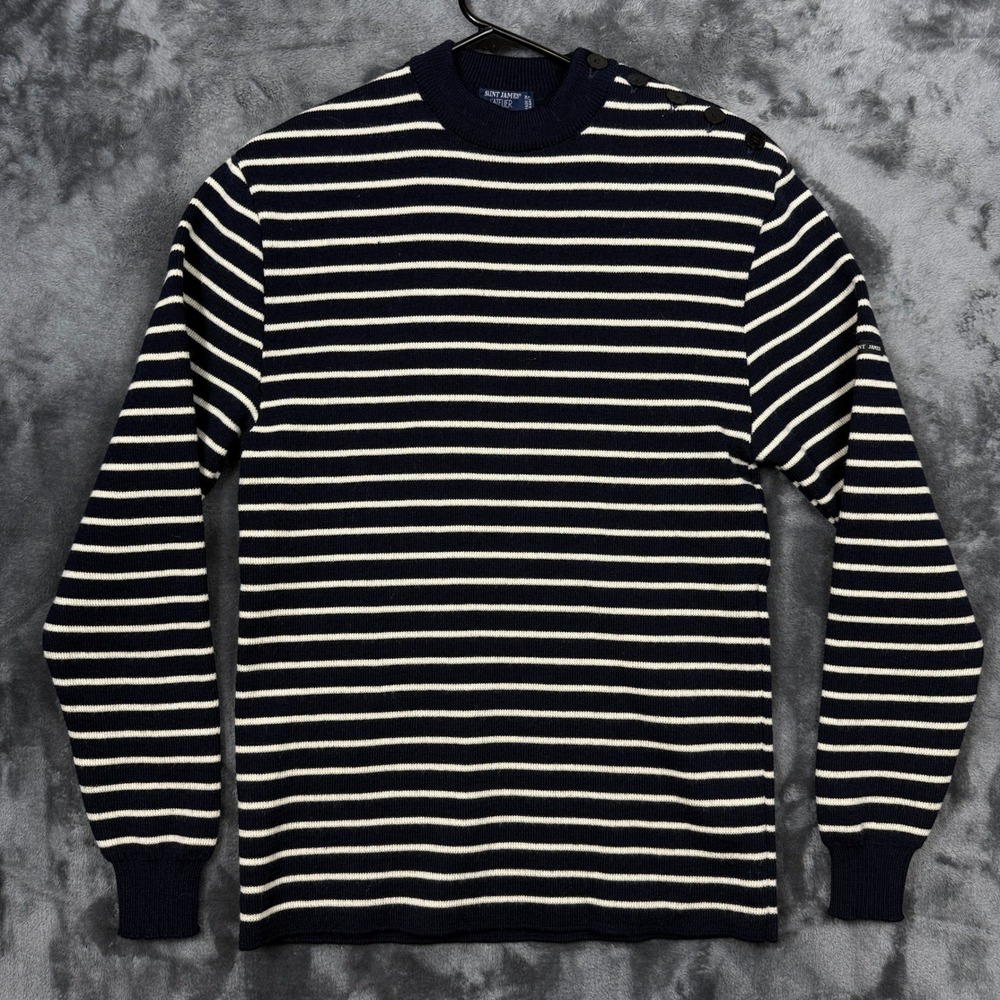 Saint James Sweater Mens L Navy White Striped Wool Shoulder Button France Knit